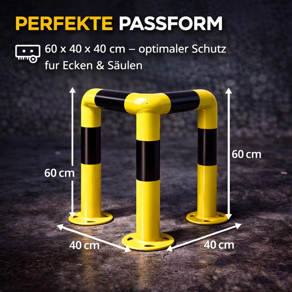 Gelb-schwarzer Eckschutzbügel für Säulen und Ecken, 60 mal 40 mal 40 Zentimeter, Rammschutz zur Absicherung von Ecken.