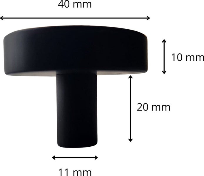 Schwarzer Möbelknopf mit Maßangaben