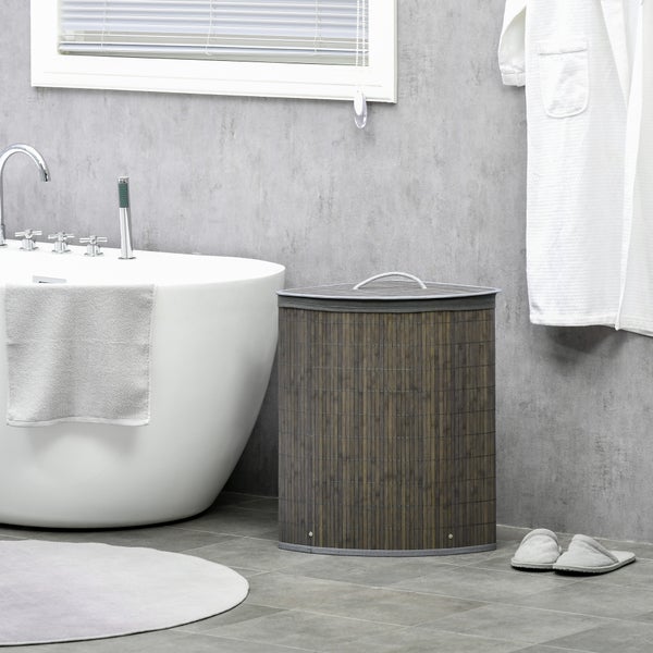 HOMCOM Bambus Wäschekorb mit Deckel 55L Wäschesammler mit Griffen, herausnehmbarer Wäschesack, Eck Wäschetonne Laundry Baskets für Waschküche Badezimmer Schlafzimmer Grau