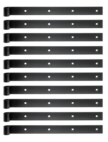 Set aus zehn flachen Ladenbändern mit Gelenkrolle für Türen und Tore zur Befestigung mit Schrauben.