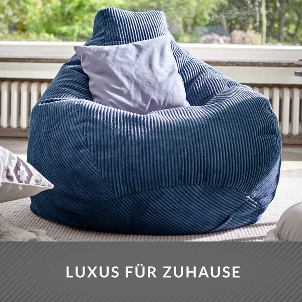 Green Bean Sitzsack mit Rückenlehne 80x80x90cm - Gaming Chair mit 230L Füllung Cordstoff - Bean Bag Bodenkissen Lounge Sitzhocker Relax-Sessel Gamer Gamingstuhl Dunkelblau