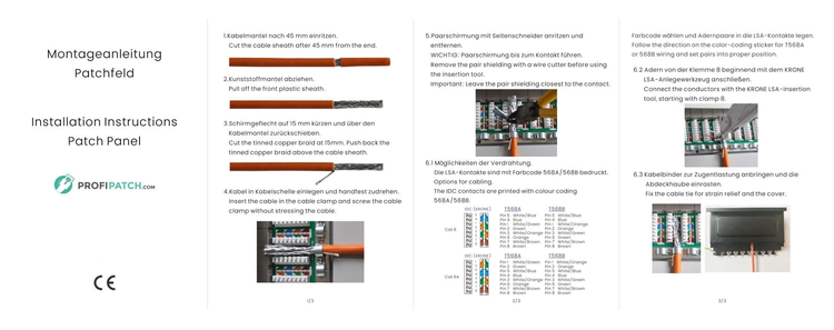 Montageanleitung für ein Patchfeld mit bebilderten Schritten zur Kabelvorbereitung und Verdrahtung nach den Standards T568A und T568B.
