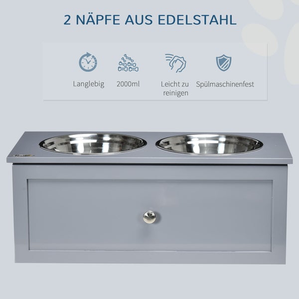 PawHut Hundenapf mit Schublade, erhöhter Fressnapf, Doppel Hundenapf aus Edelstahl, Futternapf für mittelgroße Hunde, Hunde Fressnapf mit Staumraum, Katzenapf, Futterstation, Grau