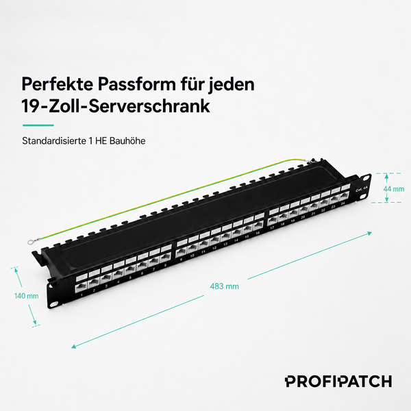 19-Zoll-Patchpanel mit 24 Ports Kategorie 6A, Maße 483 Millimeter mal 140 Millimeter mal 44 Millimeter, eine Höheneinheit, PROFIPATCH Logo.