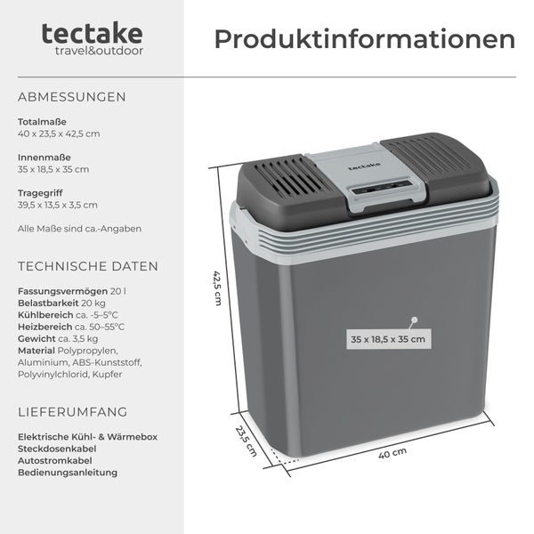 Produktinformationen zur tectake 20 Liter elektrischen Kühl- und Wärmebox mit Maßen, technischen Daten und Lieferumfang.