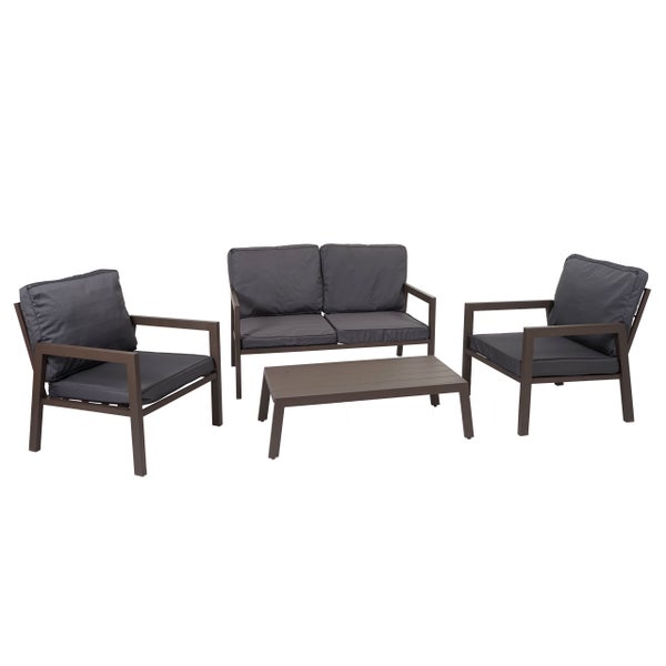Gartenmöbel-Set bestehend aus einem 2-Sitzer-Sofa, zwei Sesseln und einem Kaffeetisch mit Metallrahmen und Kissen.
