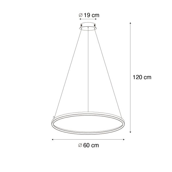 Skizze einer Hängelampe mit den Maßen 19 cm, 60 cm und 120 cm.