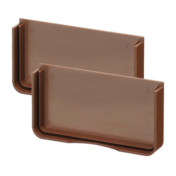 Zwei braune Endkappen aus Kunststoff für Kastenrinnen oder Profile.