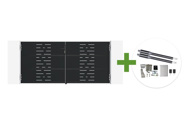 Doppelflügeltor aus Metall mit Schlitzmuster und elektrischem Torantrieb inklusive Fernbedienungen und Montagematerial