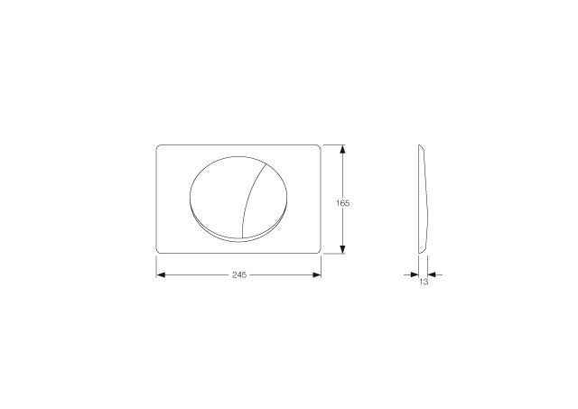 Maßzeichnung einer WC-Betätigungsplatte mit den Maßen 245 Millimeter Breite, 165 Millimeter Höhe und 13 Millimeter Tiefe.