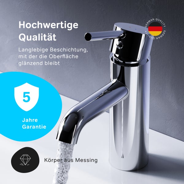 Moderne Einhebel Waschtischarmatur aus Messing mit langlebiger Beschichtung und 5 Jahren Garantie.