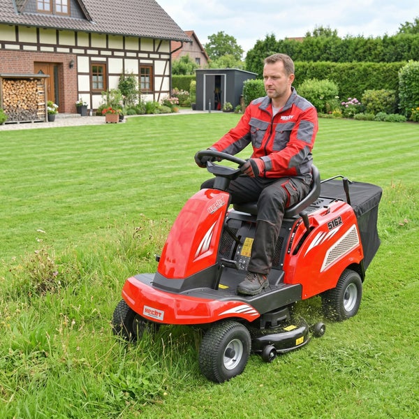 Ein Mann fährt einen roten Rasentraktor auf einem Rasen.
