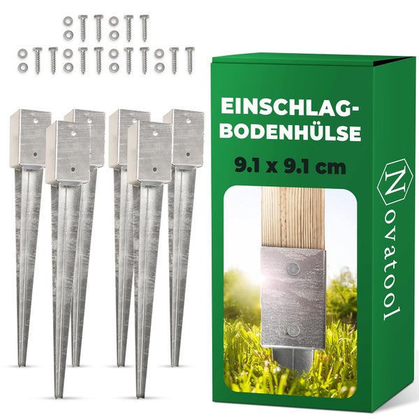 Novatool Logo. Vier Einschlagbodenhülsen für Holzpfosten neun Komma eins mal neun Komma eins Zentimeter inklusive Befestigungsmaterial.