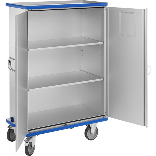 Rollschrank mit zwei Fachböden und offener Tür für Lagerung und Transport