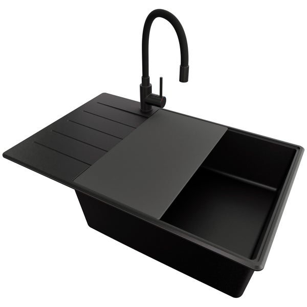 Schwarze Küchenspüle mit Abtropffläche und Wasserhahn