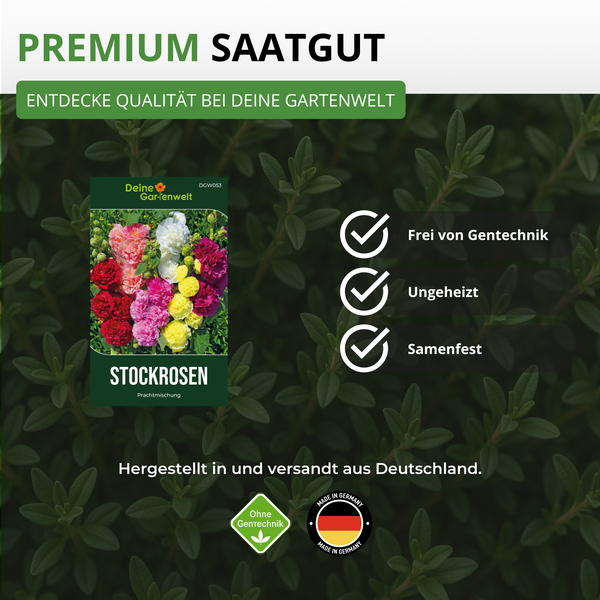 Marketinggrafik für Stockrosen-Saatgut Prachtmischung von Deine Gartenwelt. Merkmale: gentechnikfrei, ungeheizt, samenfest, hergestellt in Deutschland.