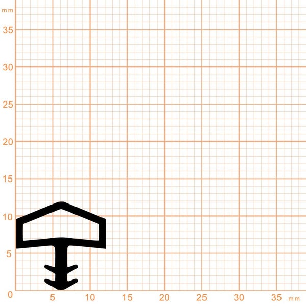 Querschnitt eines Dichtungsprofils auf Millimeterpapier, Höhe circa 13 Millimeter, Breite circa 11 Millimeter.