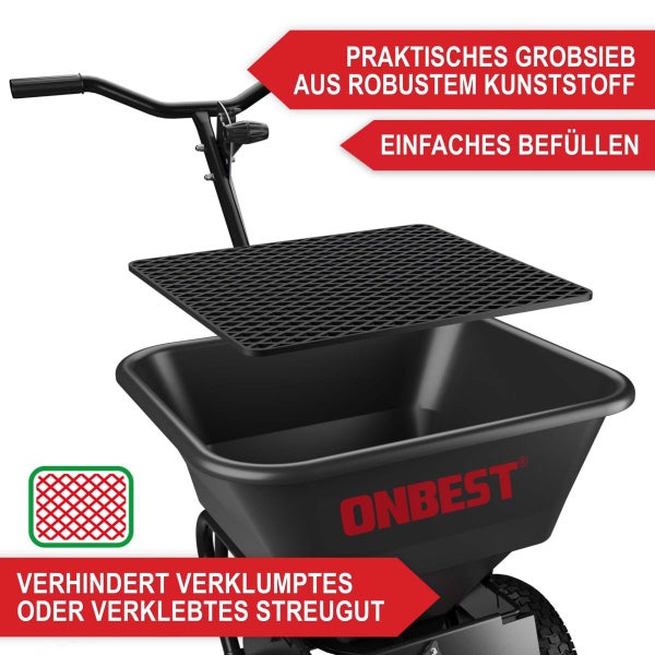 ONBEST Streuwagen mit Kunststoff-Grobsieb zur Vermeidung von Klumpen im Streugut und zur Erleichterung des Befüllens.
