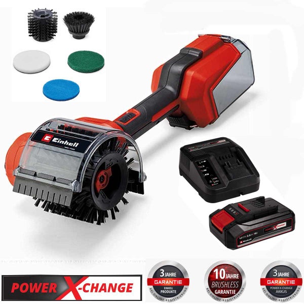 Einhell Akku Fugenreiniger Power X-Change mit Ladegerät, Akku und verschiedenen Aufsätzen zur Oberflächenreinigung.