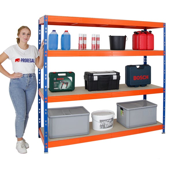 PROREGAL Profi Schwerlastregal Rhino HxBxT 180 x 200 x 60 cm 4 Spanplatten-Ebenen 8mm Fachlast 500 kg Blau/Orange