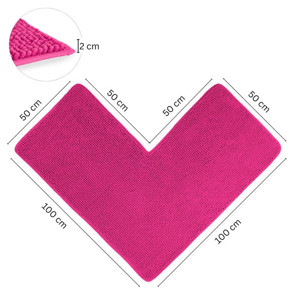 L-förmige Badematte in Pink mit den Maßen 100 mal 100 Zentimeter, einer Innenkante von 50 Zentimeter und einer Höhe von 2 Zentimeter.