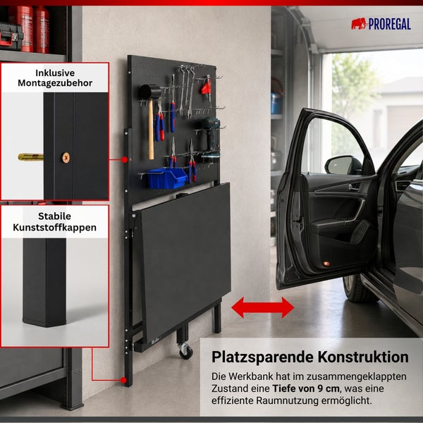 Proregal Logo. Mobile Werkbank mit pulverbeschichtetem Stahlrahmen, Lochwand und kratzfester, wasserabweisender MDF-Arbeitsplatte. Robust.
