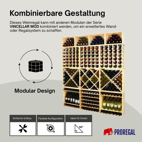 Modulares Weinregalsystem aus Holz Vincellar Mod von Proregal mit verschiedenen Modulen, einfacher Aufbau und ideal für 90 Grad Ecken. Proregal Logo.