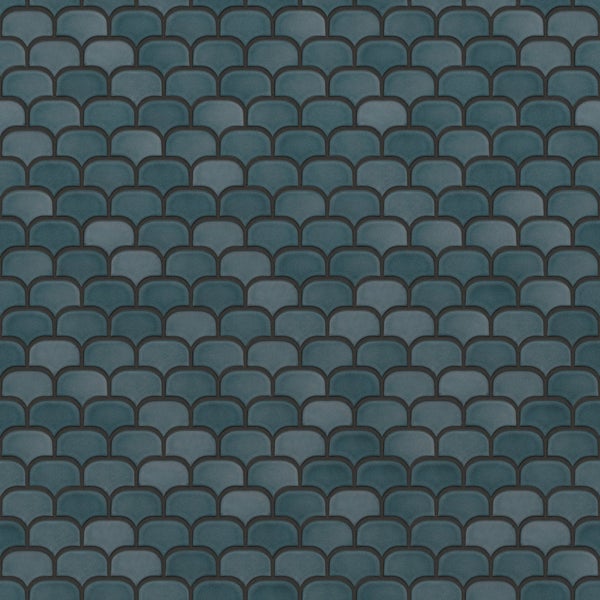 Mosaikfliese mit Fischschuppenmuster in Petrol für Küche und Bad.