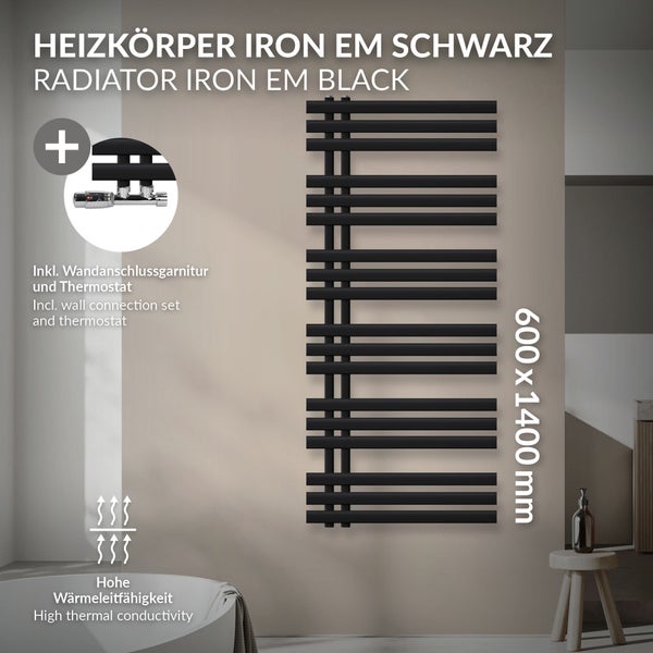 Schwarzer Heizkörper Iron EM, 600 x 1400 Millimeter, inklusive Wandanschlussgarnitur und Thermostat, hohe Wärmeleitfähigkeit