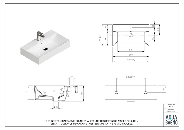 Technische Zeichnung eines rechteckigen Waschbeckens mit Maßen, Draufsicht, Querschnitt und Rückansicht. Aqua Bagno Logo.