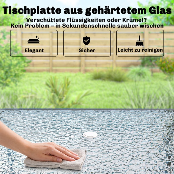 Tischplatte aus gehärtetem Glas mit strukturierter Oberfläche, elegant, sicher und leicht zu reinigen durch Abwischen mit einem Tuch.