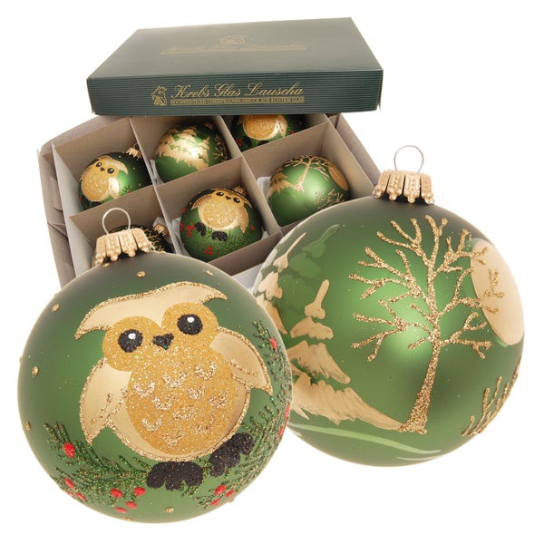 Christmas Glaskugel-Set Eule & Wald (Weihnachtswald), Moosgrün Satin 6-teilig, 8cm, 6 Stck., Weihnachtsbaumkugeln, Christbaumschmuck, Weihnachtsbaumanhänger