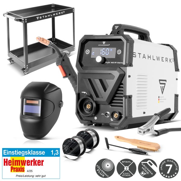 Stahlwerk Flux 160 ST Digital Schweißgerät Set mit Schweißwagen, Automatikhelm, Fülldraht, Schlackenhammer, Drahtbürste, Masseklemme. 7 Jahre Garantie.