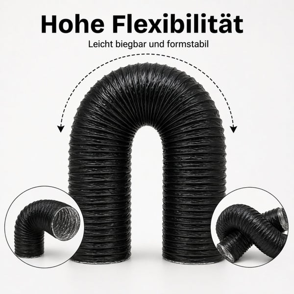 Flexibler schwarzer Lüftungsschlauch, U-förmig gebogen, hohe Flexibilität, leicht biegbar und formstabil.