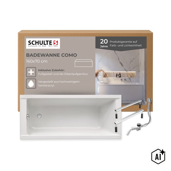 Schulte Badewanne Como 160x70 Zentimeter aus Sanitäracryl inklusive Fußgestell und Ab- und Überlaufgarnitur in der Produktverpackung