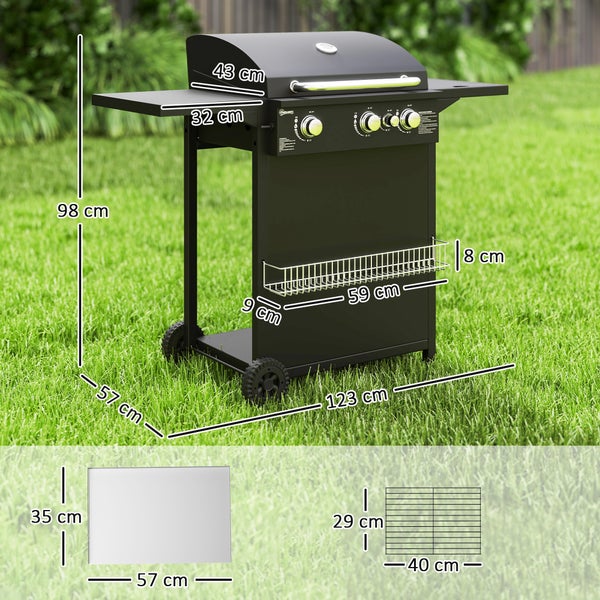 Outsunny Gasgrill 9,5 KW Grillwagen inkl 4 Brenner Seitenkocher Rolle Druckminderer Gasschlauch Deckel 2 Heizzonen Thermometer Seitenablagen, BBQ Gartengrill für Balkon, Grill 123x57x98 cm