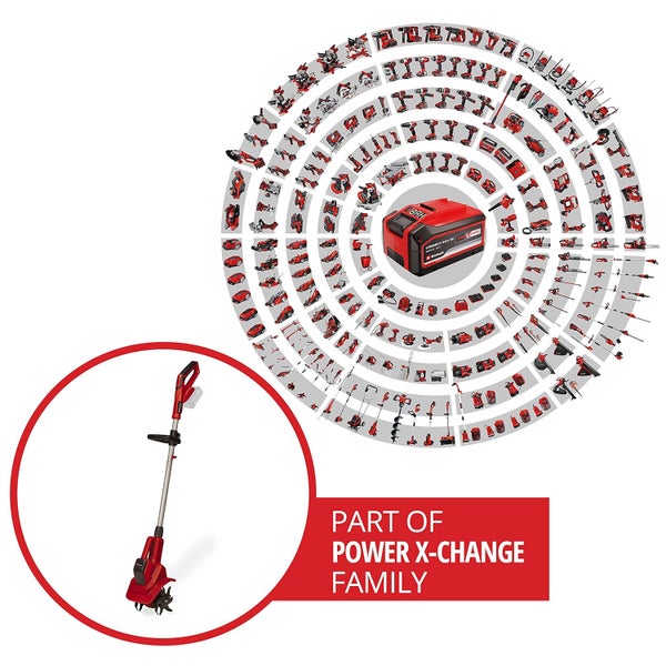 Einhell Akku-Bodenhacke als Teil der Power X-Change Familie mit einer Übersicht vieler kompatibler Akku-Werkzeuge.