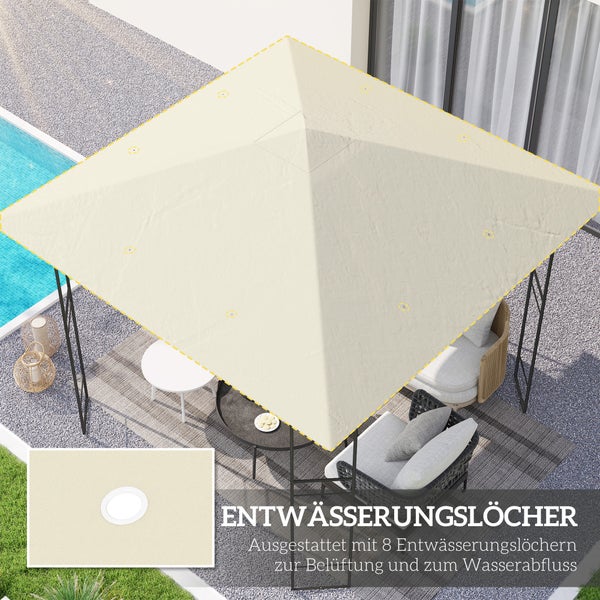 Quadratisches Pavillondach über einer Sitzgruppe am Pool mit acht integrierten Entwässerungslöchern für Belüftung und Wasserabfluss.