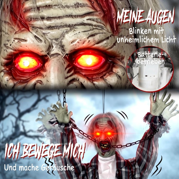 Animierte Halloween Zombie Dekofigur mit leuchtenden Augen und Soundeffekten, batteriebetrieben, zum Aufhängen geeignet.