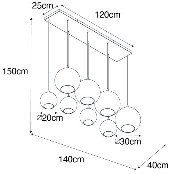 Technische Zeichnung einer Hängeleuchte mit neun Kugeln und Maßangaben