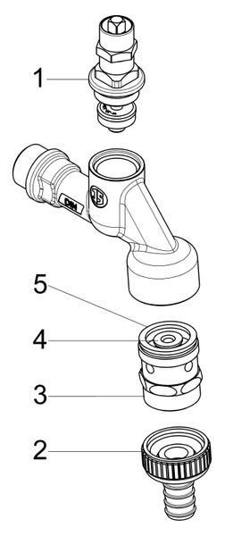 Explosionszeichnung eines Auslaufventils für den Außenbereich mit nummerierten Einzelteilen von eins bis fünf.