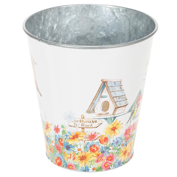 Pflanztopf aus Metall mit Blumen- und Vogelhaus-Motiv, verzinkte Innenseite.