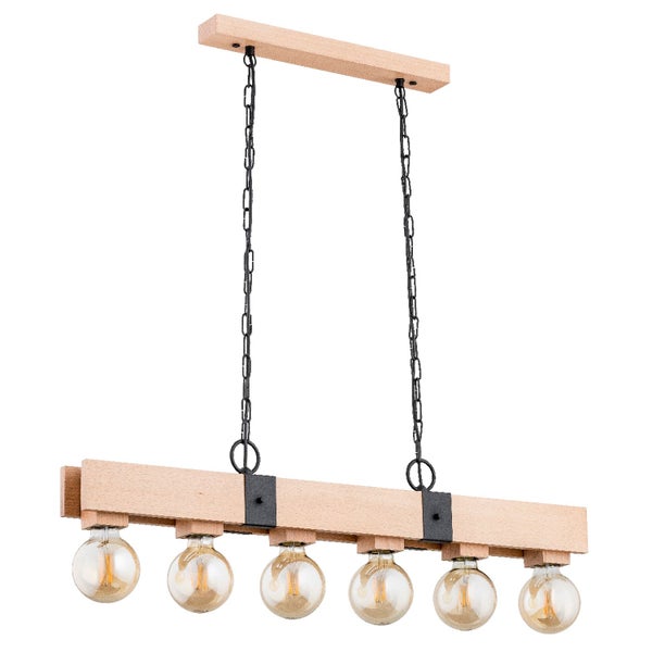 Hängeleuchte aus Holz mit sechs Leuchtmitteln an schwarzen Ketten im rustikalen Design.