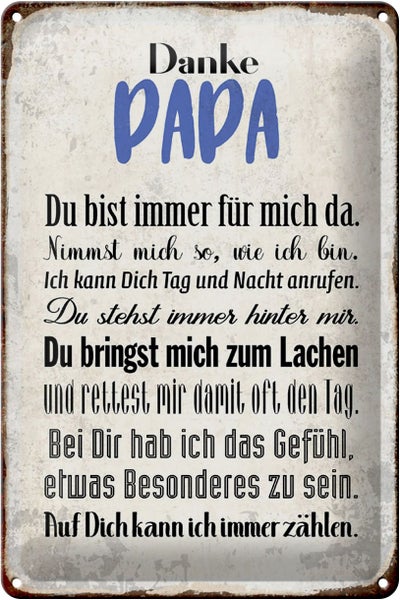 Blechschild Spruch 20x30cm Danke Papa du bist für mich da