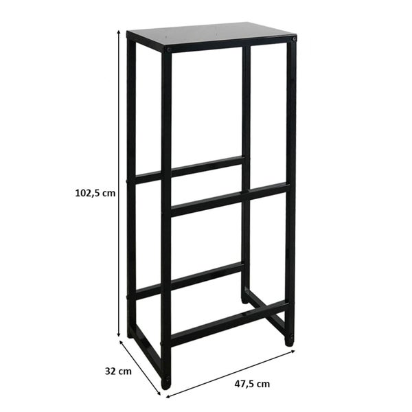 Schwarzer Beistelltisch mit den Maßen 102,5 cm Höhe, 32 cm Breite und 47,5 cm Tiefe.