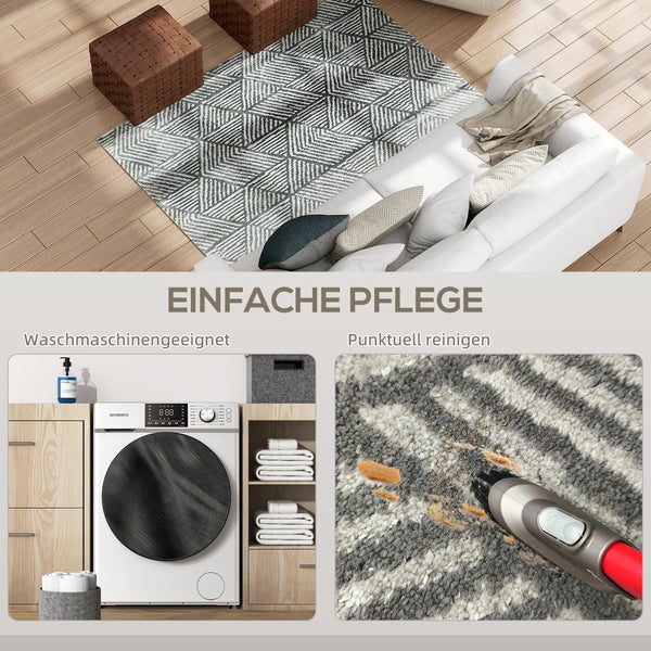 Teppich mit geometrischem Muster im Wohnzimmer, waschmaschinengeeignet und einfach punktuell zu reinigen.