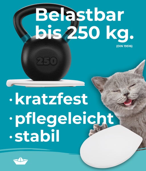 Stabiler WC Sitz mit Kettlebell zur Verdeutlichung der Belastbarkeit bis 250 Kilogramm und einer Katze als Symbol für Kratzfestigkeit.
