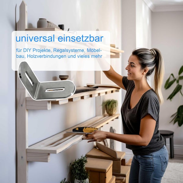 Frau montiert ein Holzregal mit einem Winkelverbinder.