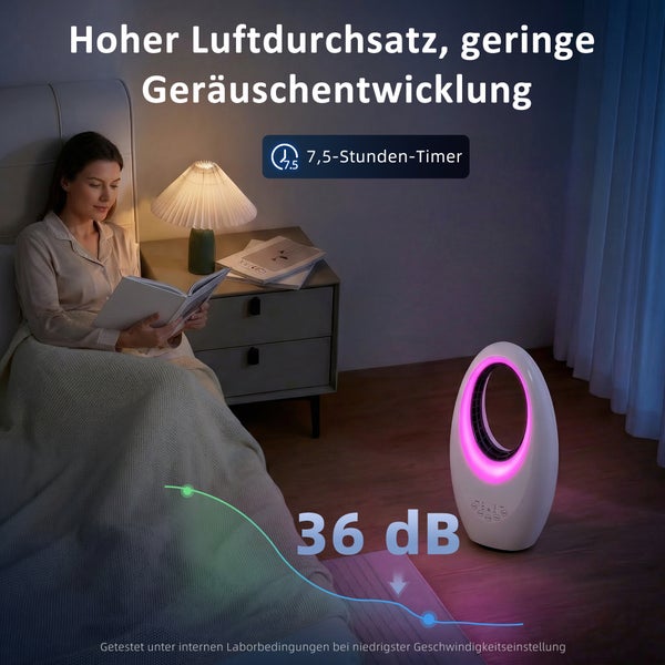 Geräuscharmer rotorloser Ventilator mit Beleuchtung im Schlafzimmer neben lesender Frau, inklusive 7,5-Stunden-Timer und Angabe von 36 Dezibel.