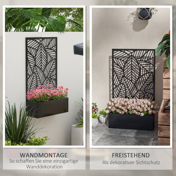 Schwarzer Pflanzkasten aus Metall mit dekorativem Rankgitter im Blattdesign, gefüllt mit Tulpen, rostfrei und wasserdicht.